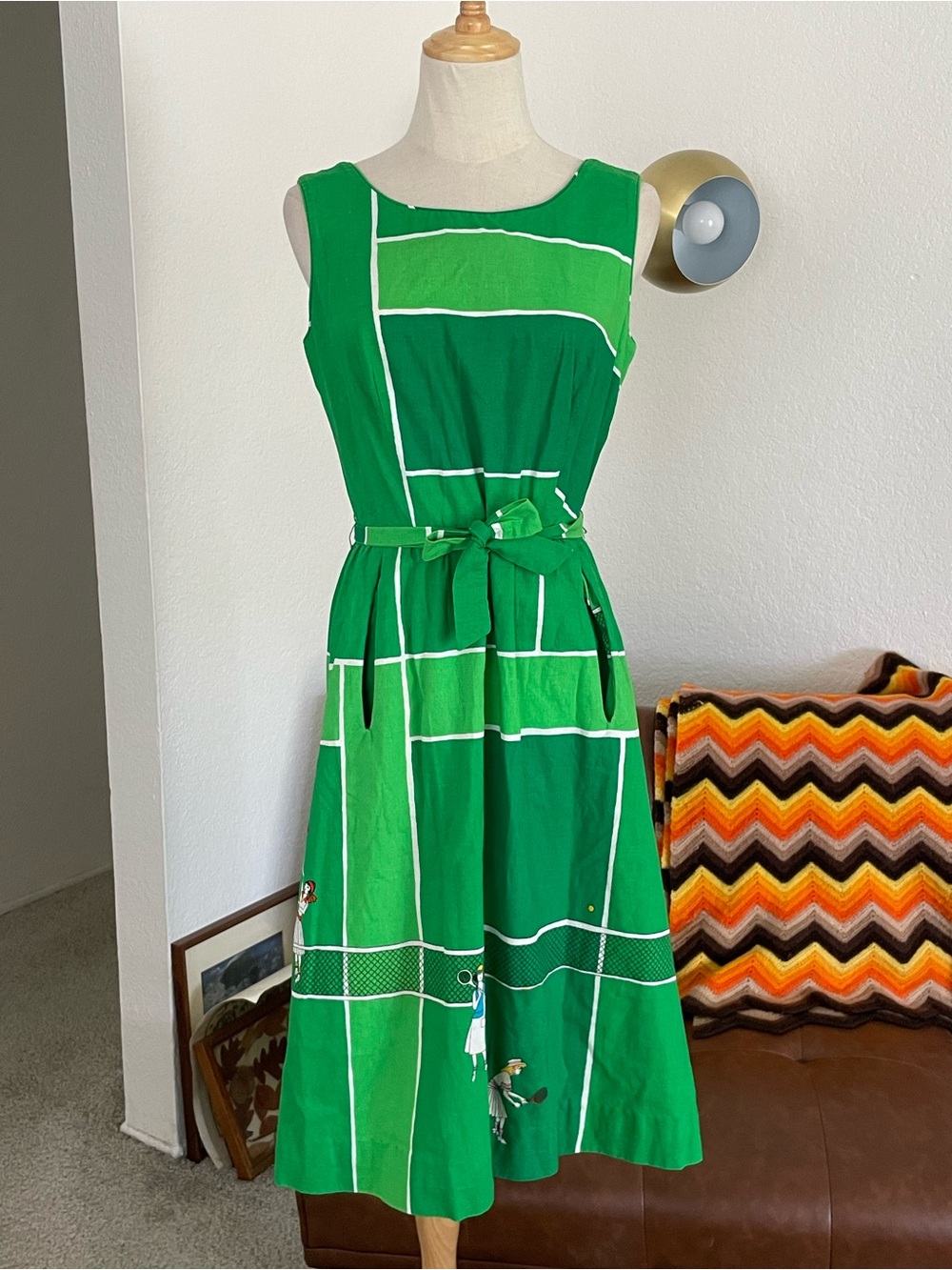 Vintage 1960s Malia Honolulu Hawaiian Mod Tennis Tie Midi Dress